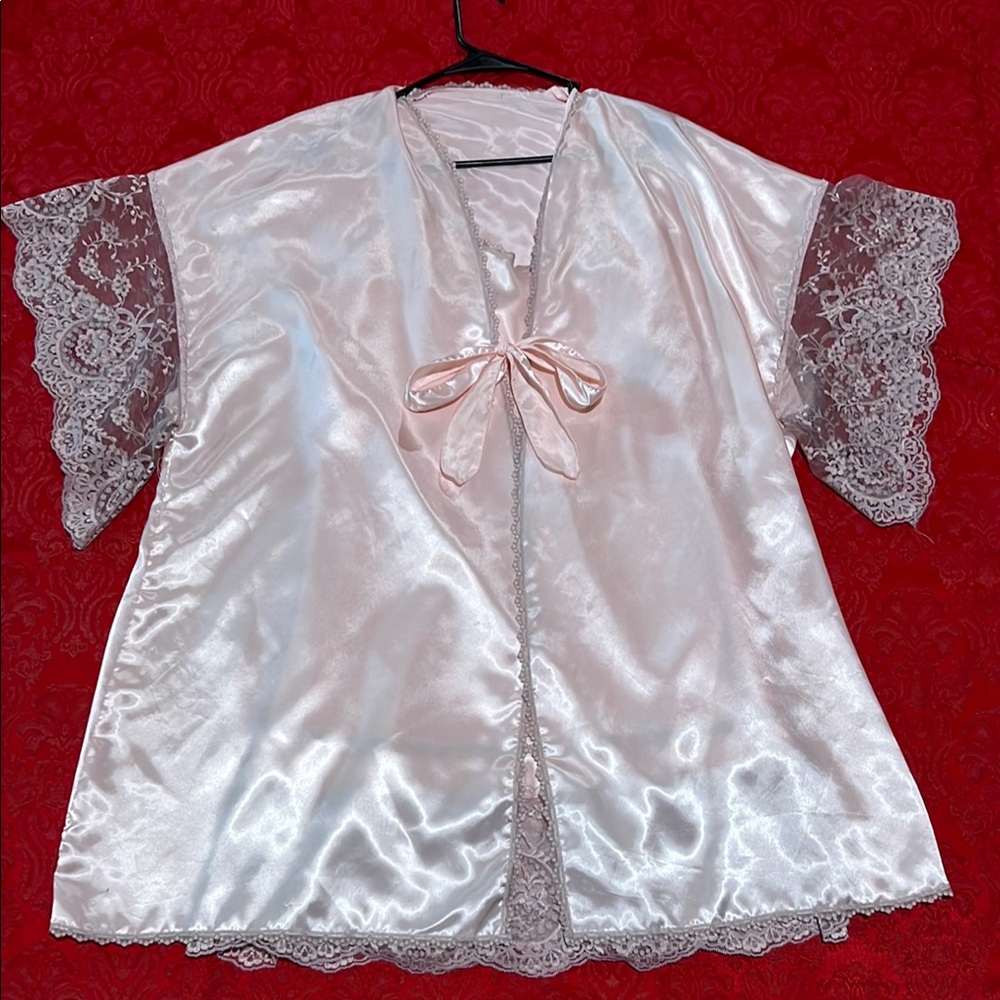 Lady Cameo Pink Satin Lace Trim Negligee Set 2 Piece Large